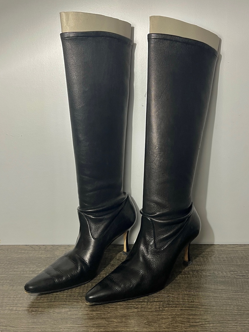 Manolo Blahnik Black Calfskin Knee-High Stiletto Boots